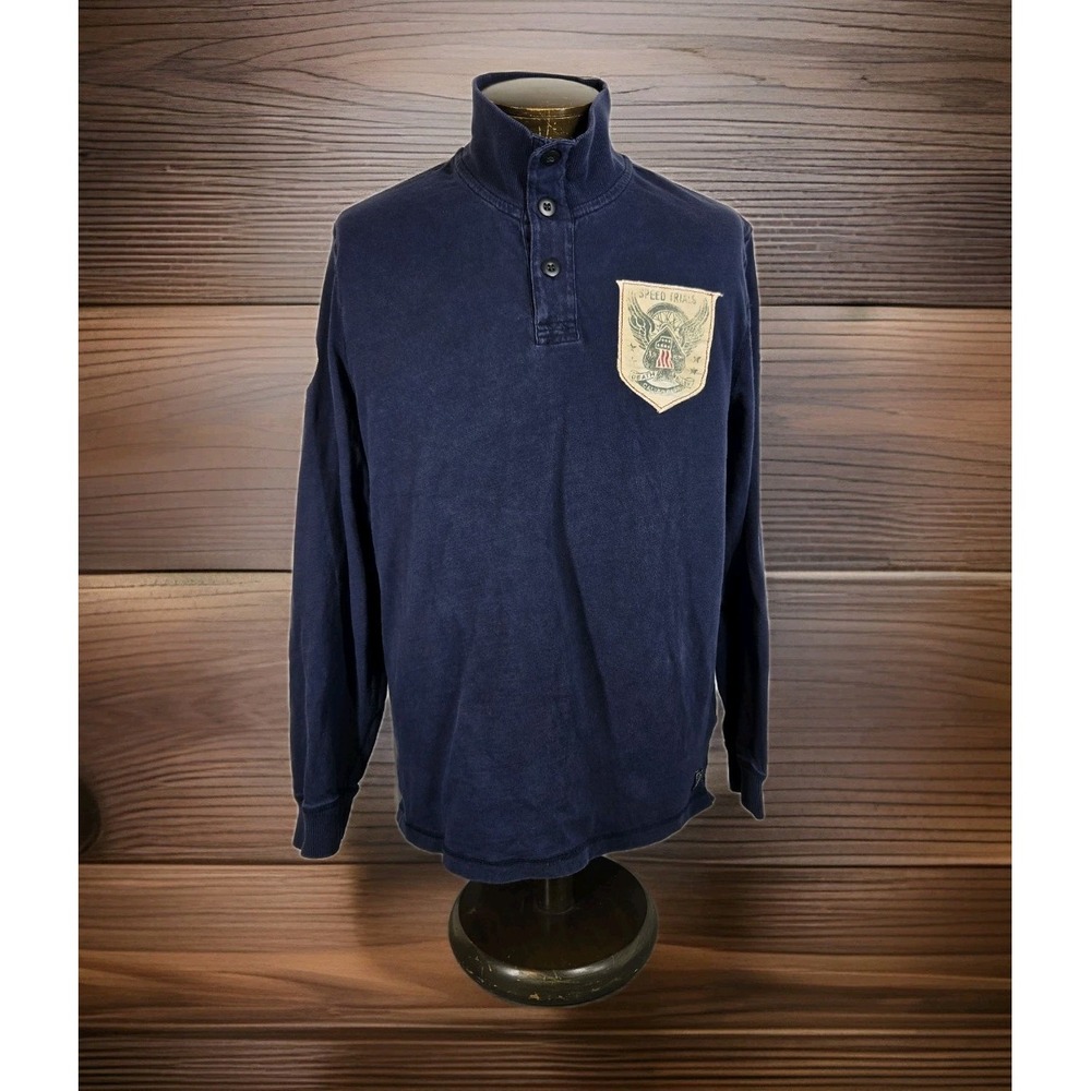 Lucky Brand Henley Mock Neck Shirt Mens XL Blue Long‎ Sleeve Black Tigers MC